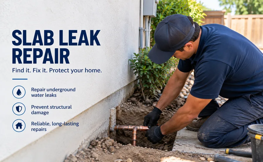 plumber repairing a slab leak at the foundation of an Indio home